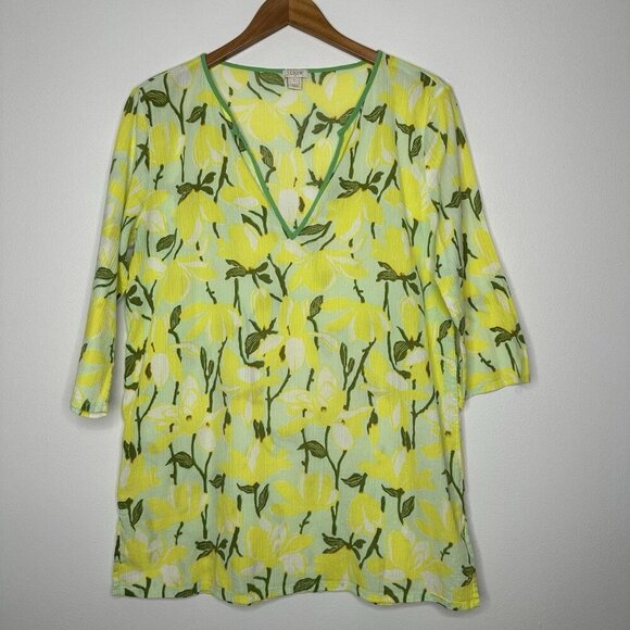 J Crew Tunic top Floral  Size L Yellow Green Cotton - Picture 1 of 9